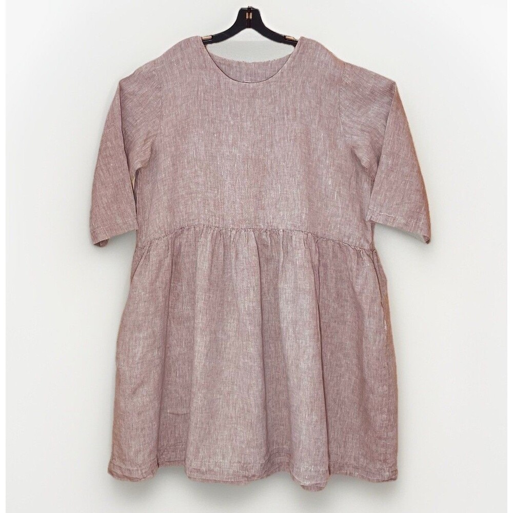 Len Ok Linen Smock Dress 3XL LO Oversized Lagenlook Artisan Midi Neutral Woven